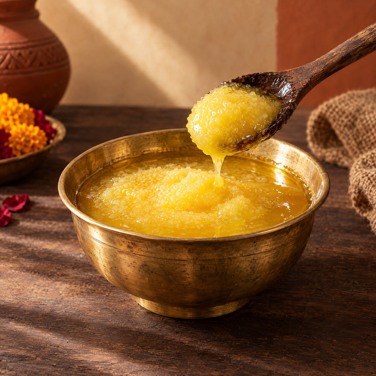 Grainy golden ghee in a brass katori with a wooden spoon
