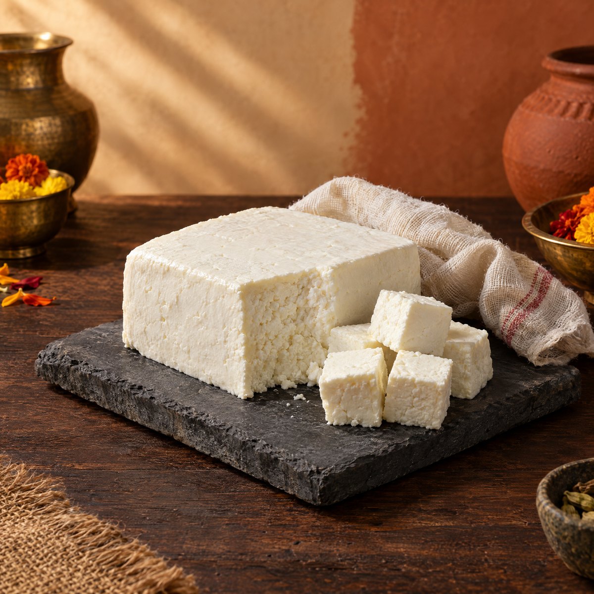 Block of fresh paneer on a slate board