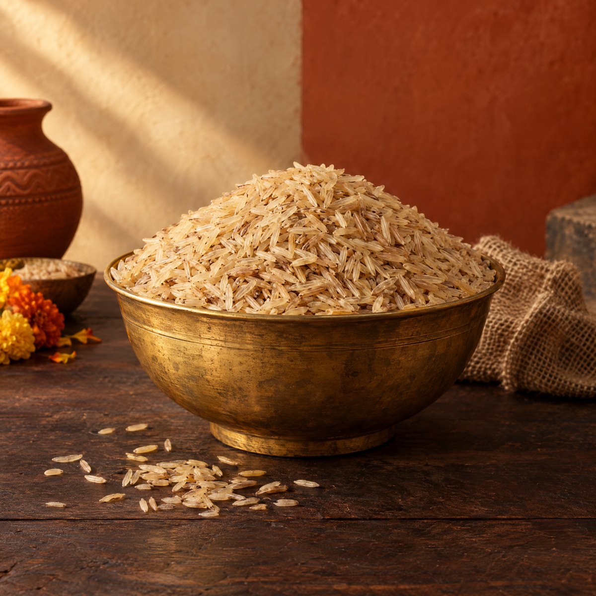 Unpolished long-grain basmati rice in a brass bowl