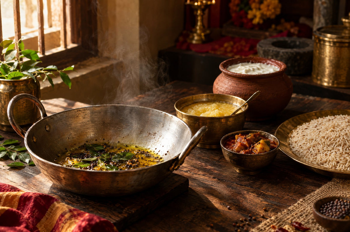 A Banaras kitchen in the morning: tadka in a kadhai, ghee, dahi, aachar and rice