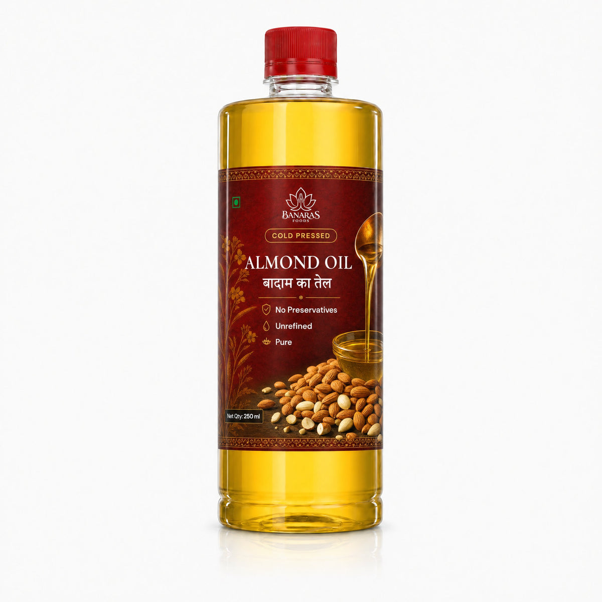 Banaras Foods cold-pressed almond oil, 250 ml bottle, front label