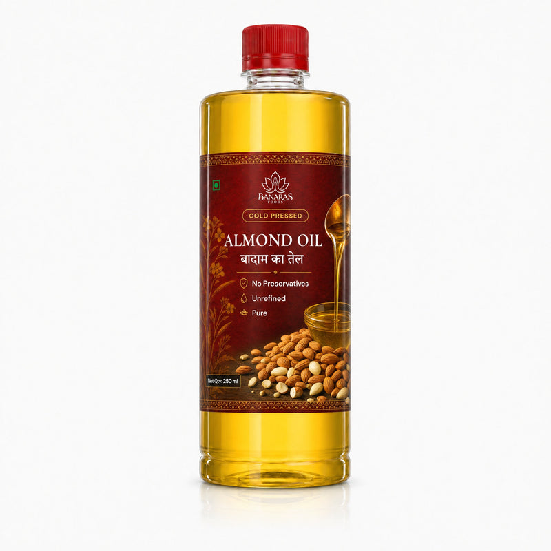 Banaras Foods cold-pressed almond oil, 250 ml bottle, front label