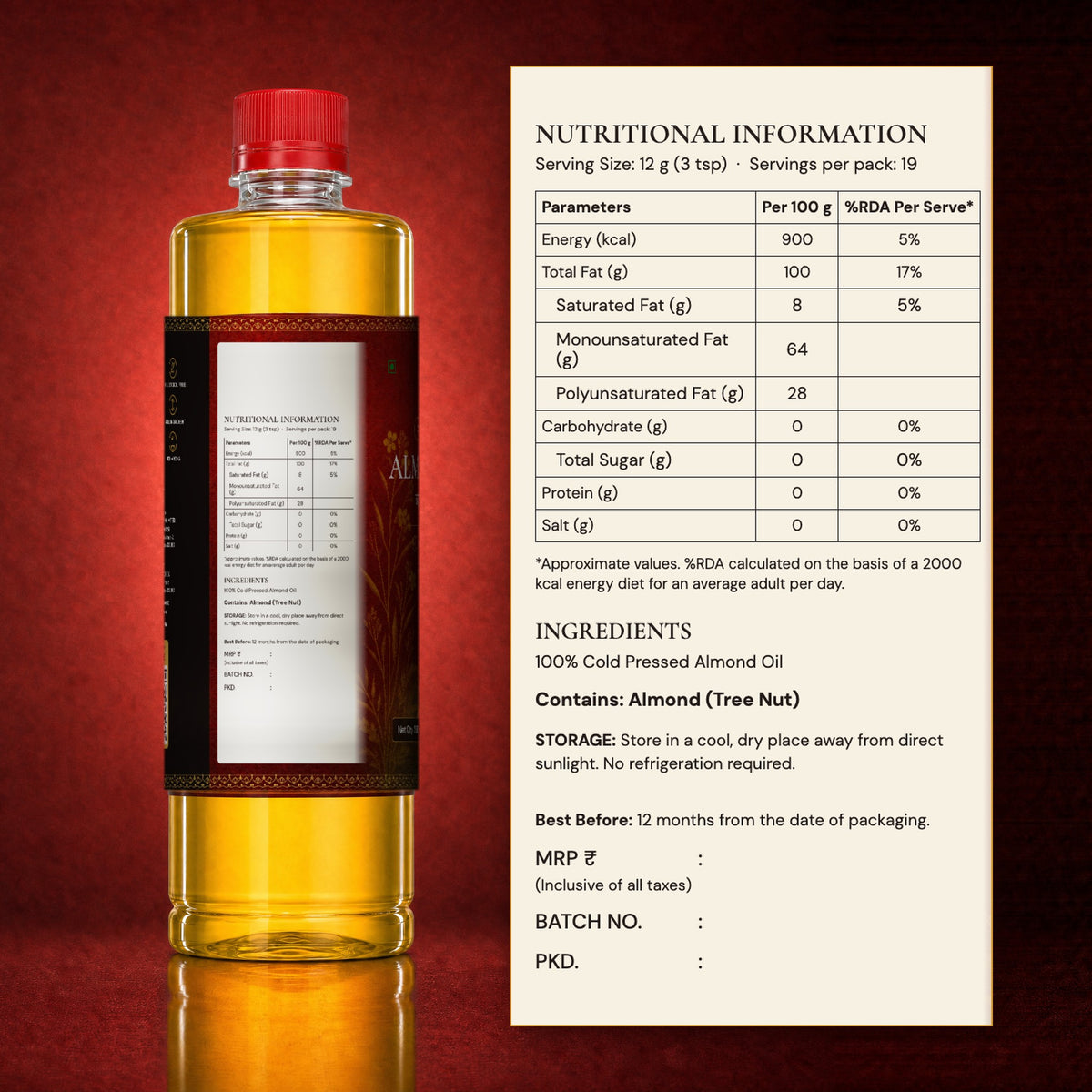 Back label of Banaras Foods almond oil: nutrition information, ingredients, allergen and storage