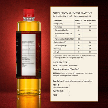 Back label of Banaras Foods almond oil: nutrition information, ingredients, allergen and storage
