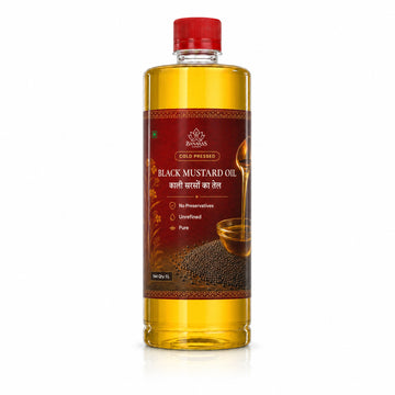 Banaras Foods cold-pressed black mustard oil, 1 L bottle, front label