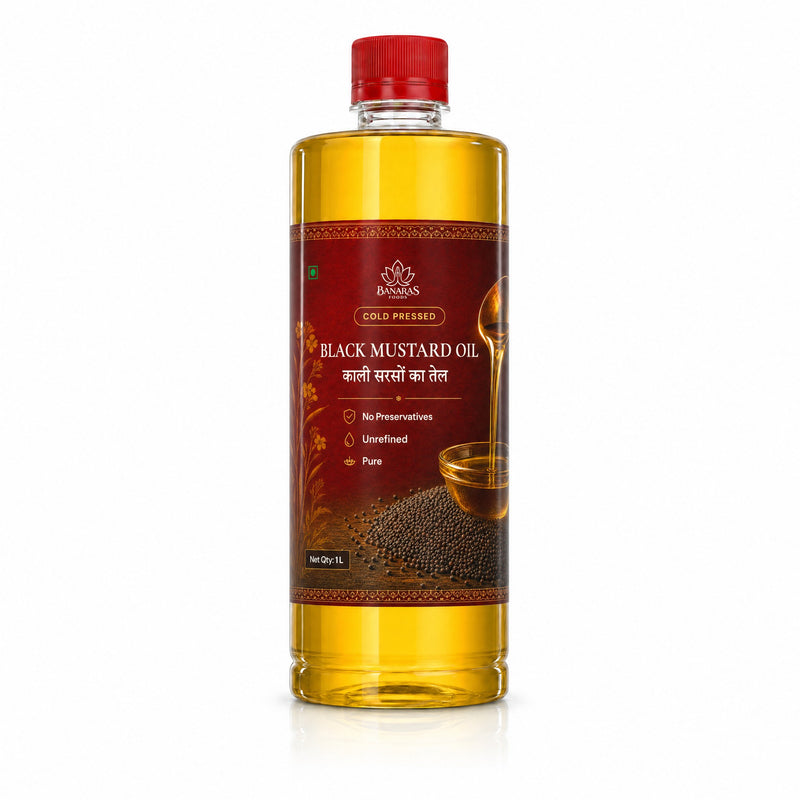 Banaras Foods cold-pressed black mustard oil, 1 L bottle, front label