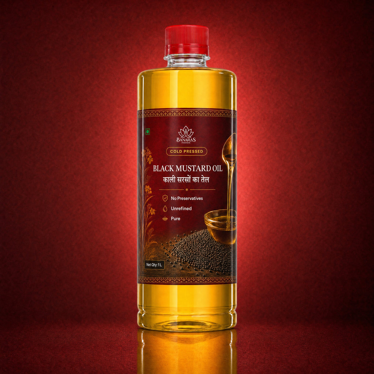 Banaras Foods cold-pressed black mustard oil bottle on a crimson background