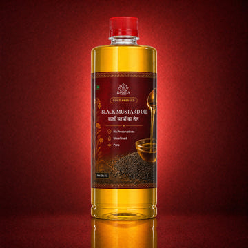 Banaras Foods cold-pressed black mustard oil bottle on a crimson background
