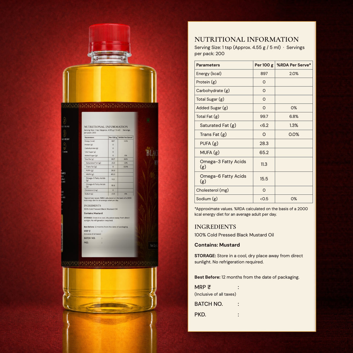 Back label of Banaras Foods black mustard oil: nutrition information, ingredients, allergen and storage