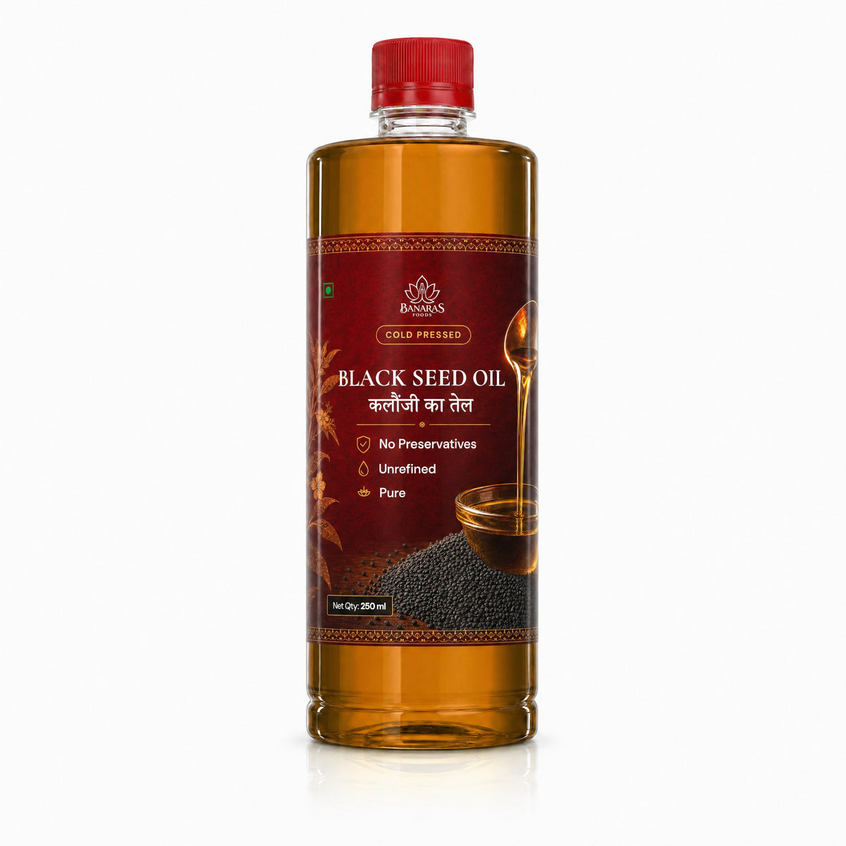 Banaras Foods cold-pressed black seed oil, 250 ml bottle, front label