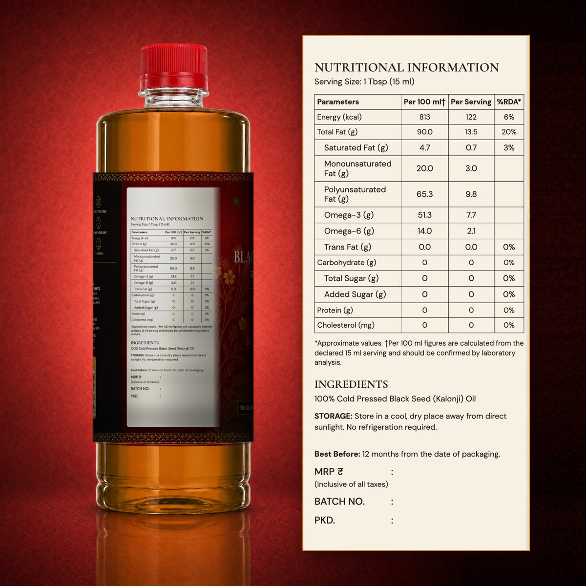 Back label of Banaras Foods black seed oil: nutrition information, ingredients, allergen and storage