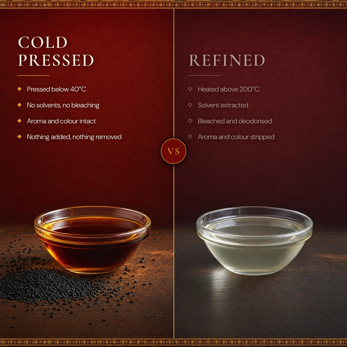 Cold-pressed versus refined oil: pressed below 40°C with no solvents or bleaching, versus heated above 200°C, solvent extracted, bleached and deodorised