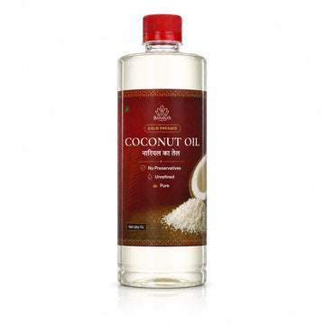 Banaras Foods cold-pressed coconut oil, 1 L bottle, front label