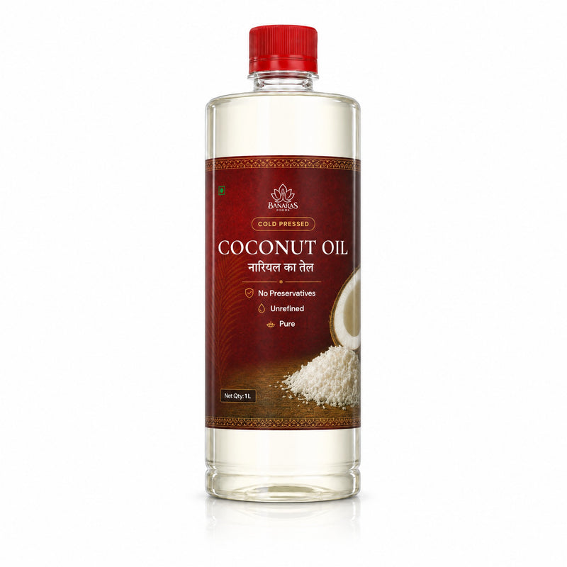 Banaras Foods cold-pressed coconut oil, 1 L bottle, front label