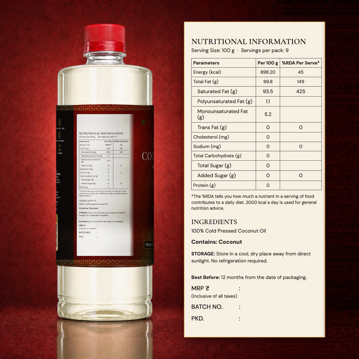 Back label of Banaras Foods coconut oil: nutrition information, ingredients, allergen and storage