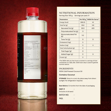 Back label of Banaras Foods coconut oil: nutrition information, ingredients, allergen and storage