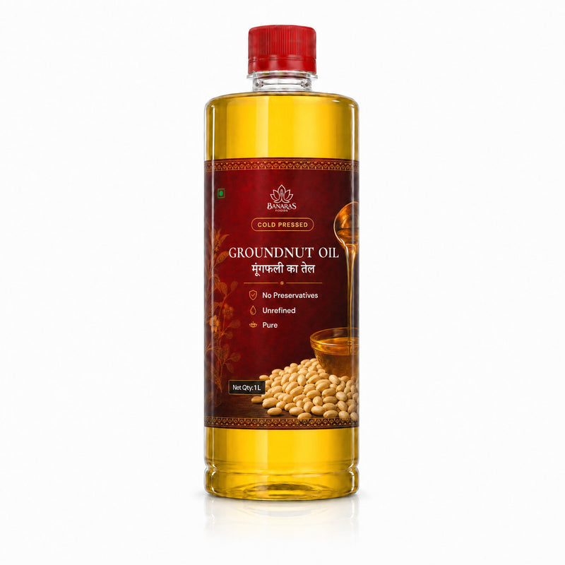 Banaras Foods cold-pressed groundnut oil, 1 L bottle, front label