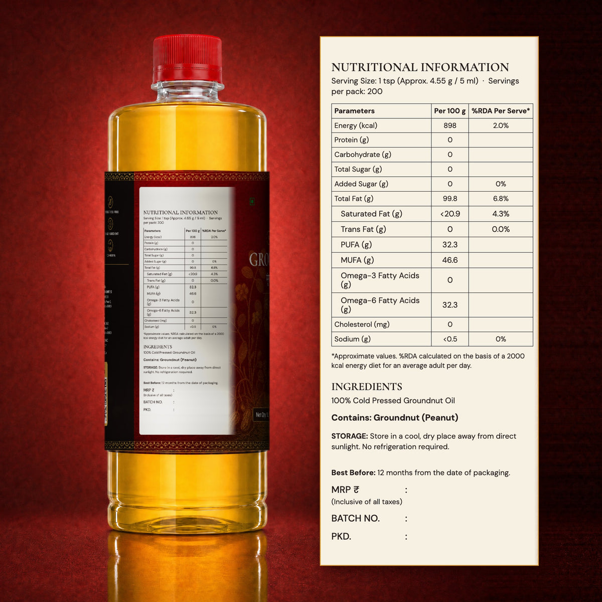Back label of Banaras Foods groundnut oil: nutrition information, ingredients, allergen and storage