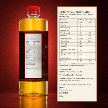 Back label of Banaras Foods groundnut oil: nutrition information, ingredients, allergen and storage