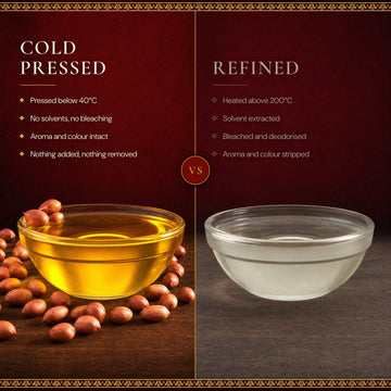 Cold-pressed versus refined oil: pressed below 40°C with no solvents or bleaching, versus heated above 200°C, solvent extracted, bleached and deodorised