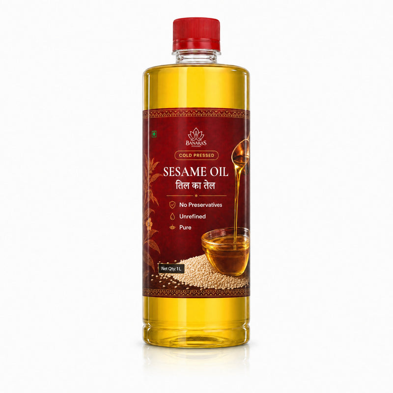 Banaras Foods cold-pressed sesame oil, 1 L bottle, front label