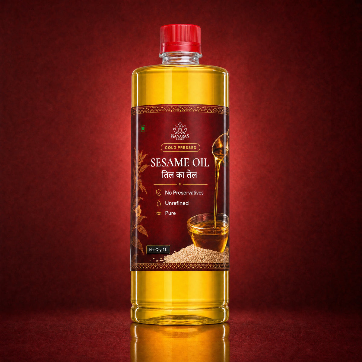Banaras Foods cold-pressed sesame oil bottle on a crimson background