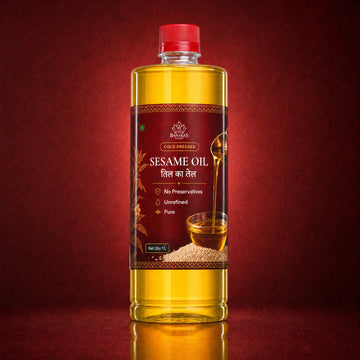 Banaras Foods cold-pressed sesame oil bottle on a crimson background