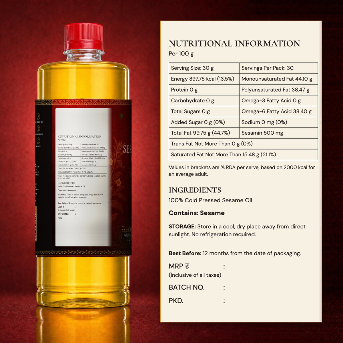 Back label of Banaras Foods sesame oil: nutrition information, ingredients, allergen and storage